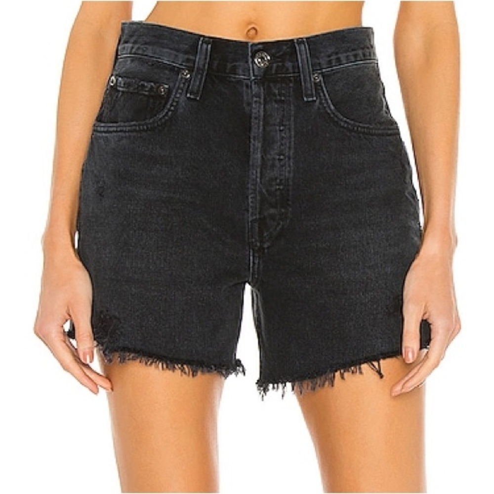 Agolde High Waist Riley  Denim Distressed Jean Shorts Black 22